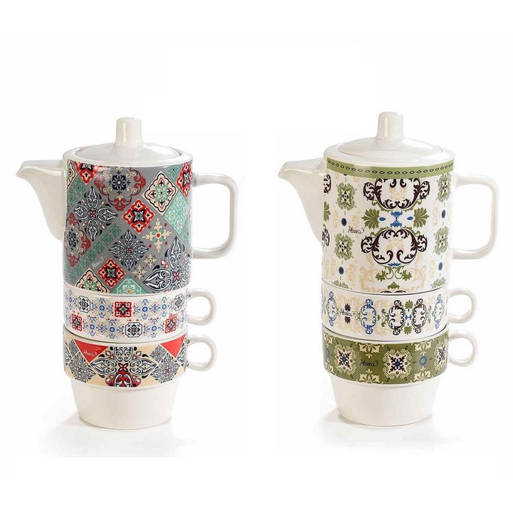 Set 2 ceainice, 4 cesti portelan multicolor 14x8x20 cm, 320 ml, 190 ml