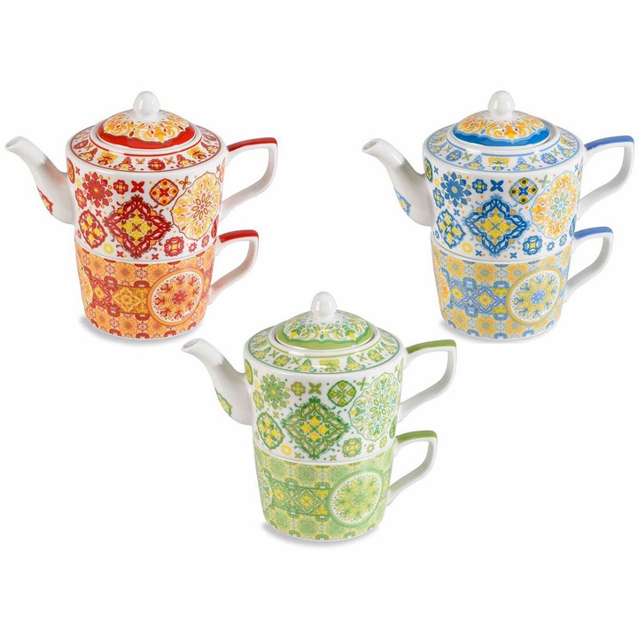 3 db teáskanna, 3 db tarka porcelán csésze készlet, 17x10x15 cm 450 ml, 250 ml