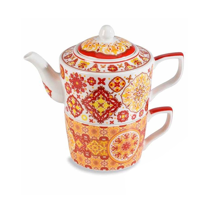 Set ceainic, ceasca portelan multicolor Maiolica 17x10x15 cm, 450 ml, 250 ml