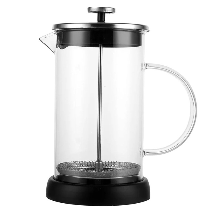 Чайник Pufo Tea от боросиликатно стъкло с дръжка и цедка за френска преса, 600 ml
