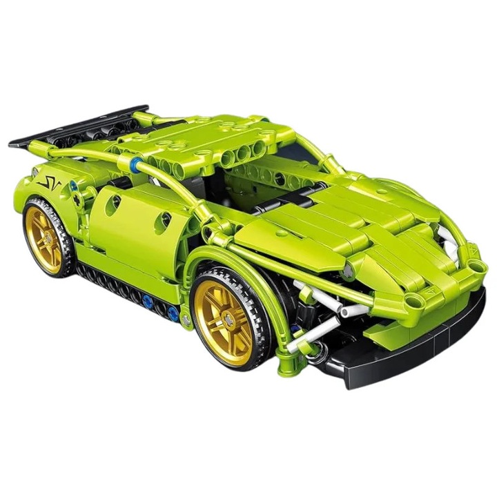 Set masina de curse de construit, sistem Pull Back, instructiuni usoare, jucarie interactiva pentru copii, Verde, 7+