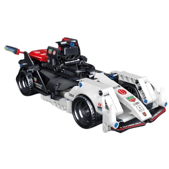 Set masina de curse de construit, sistem Pull Back, instructiuni usoare, jucarie interactiva pentru copii, Alba, 7+