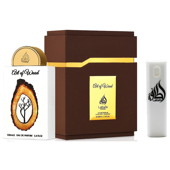 Set Apa de parfum, Lattafa Pride Parfum Art Of Wood unisex 100 ml cu Kit Reincarcabil Travel de 10 ml