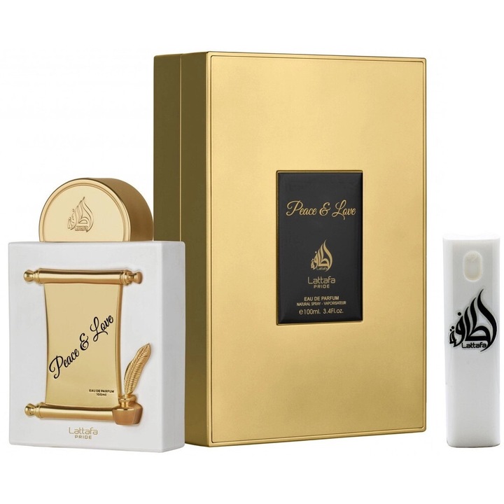 Set Apa de parfum, Lattafa Pride Peace and Love unisex 100 ml cu Kit Reincarcabil Travel de 10 ml
