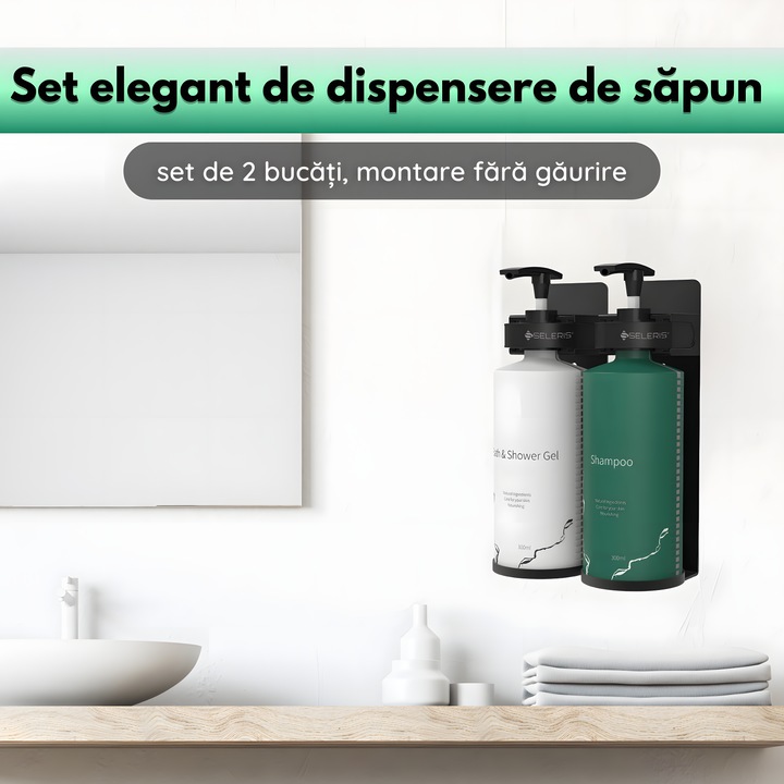 Set Dispensere de Sapun Montate pe Perete, SELERIS ®, 2 Recipiente, 300ml, Incuietoare Magnetica, Mod Instalare Dubla, Fara Gaurire cu Dublu Adeziv sau Gaurire cu Suruburi, Usoare, Alb si Verde