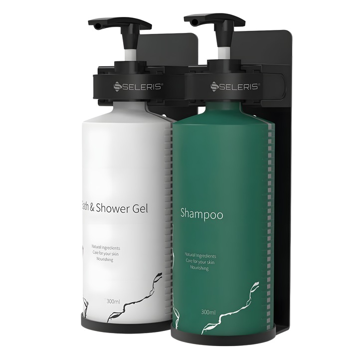 Set Dispensere de Sapun Montate pe Perete, SELERIS ®, 2 Recipiente, 300ml, Incuietoare Magnetica, Mod Instalare Dubla, Fara Gaurire cu Dublu Adeziv sau Gaurire cu Suruburi, Usoare, Alb si Verde