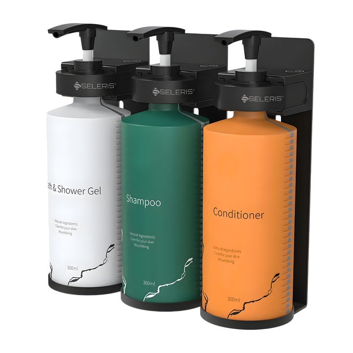 Falra szerelhető szappanadagoló készlet, SELERIS ®, 3 tartály, 300 ml, mágneses zár, dupla beépítési mód, nincs fúrás dupla ragasztóval vagy csavarokkal, világos, fehér, zöld és narancssárga