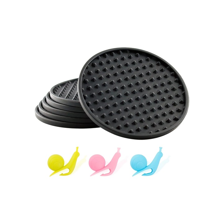 Könnyen tisztítható, 6 db szilikon italtartó készlet, 3 db teazacskó tartozékkal, Fekete, 10x0,5cm