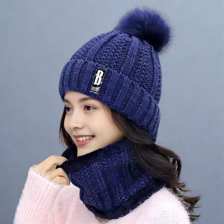 Caciula din lana, set cu fular, albastru