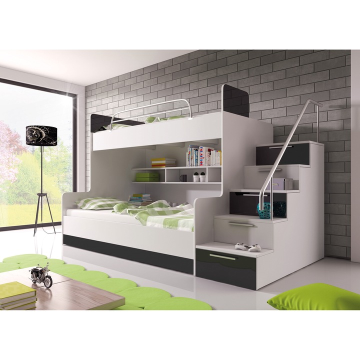 Set pat etajat Euro-Meble, 2x 90x200cm, alb mat, cu 2 materace, 2 containere pentru lenjerie, scari cu dulapuri, dimensiuni 254x157x120cm