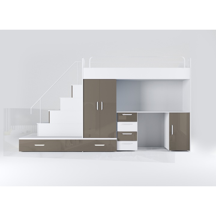 Sistem de mobilier Raj 5 pat supraetajat cu birou set de mobilier pentru copii, Alb / Gri lucios (fara saltea si cadru)