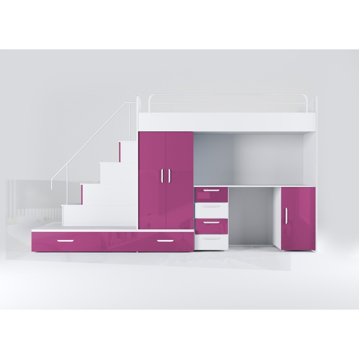Sistem de mobilier Raj 5 pat supraetajat cu birou set de mobilier pentru copii, Alb / Roz lucios (In set sunt cadre si saltele)