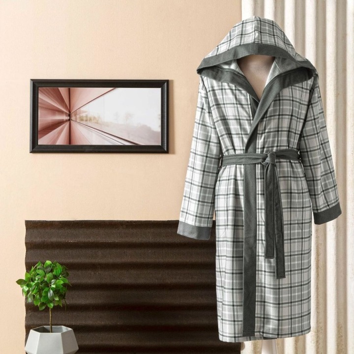 Halat de baie cu gluga, marime L/XL, Tac, Caleb carouri gri