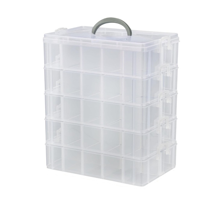 Cutie de depozitare, Belle Vous, cu 5 niveluri, Plastic Alb Transparent, Compartimente separate, 24.5 x 16.5 x 29.5 cm