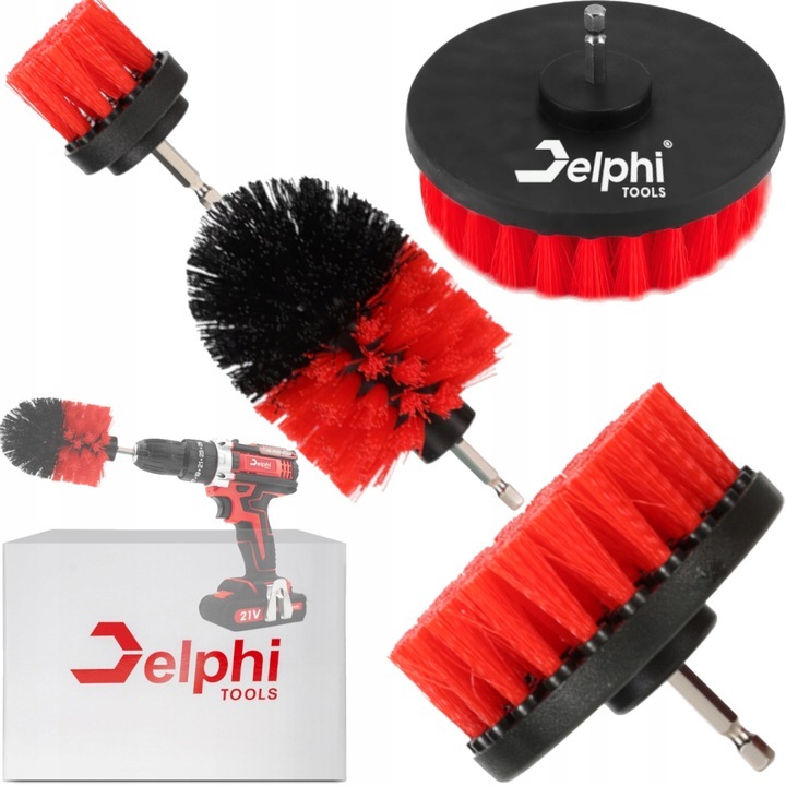 DELPHI Set 3 accesorii perie pentru surubelnite fara fir, burghie, Perie perie de curatat jante, gresie, bucatarie, podele, masina