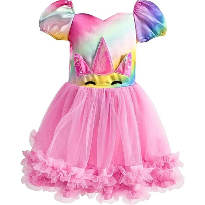 Costum unicorn IKALI pentru fete, rochie de printesa pentru copii, ideala pentru petreceri de ziua de nastere, marimea 130 (6-8 ani)