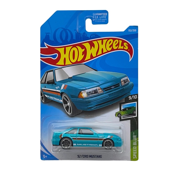 Hot Wheels Кола, 92 Ford Mustang, колекция Speed Blur - издание 2019 г., метал, тюркоаз, 1:64