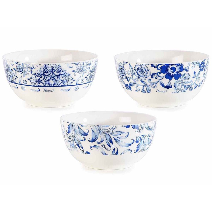 3 db kék fehér porcelán tál készlet 14x7 cm, 650 ml