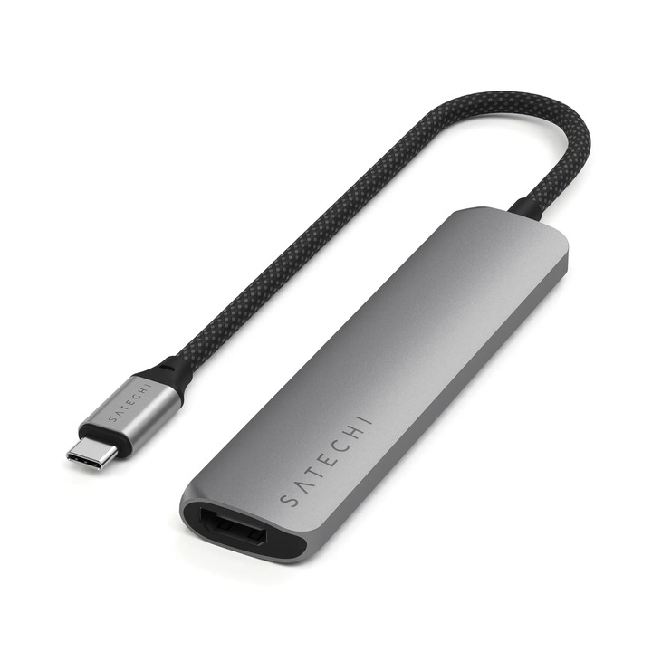 Satechi 6-в-1 USB-C тънък многопортов адаптер, хъб, докинг станция, 4K HDMI, USB-A 3.2, USB-C, micro/SD, Space grey