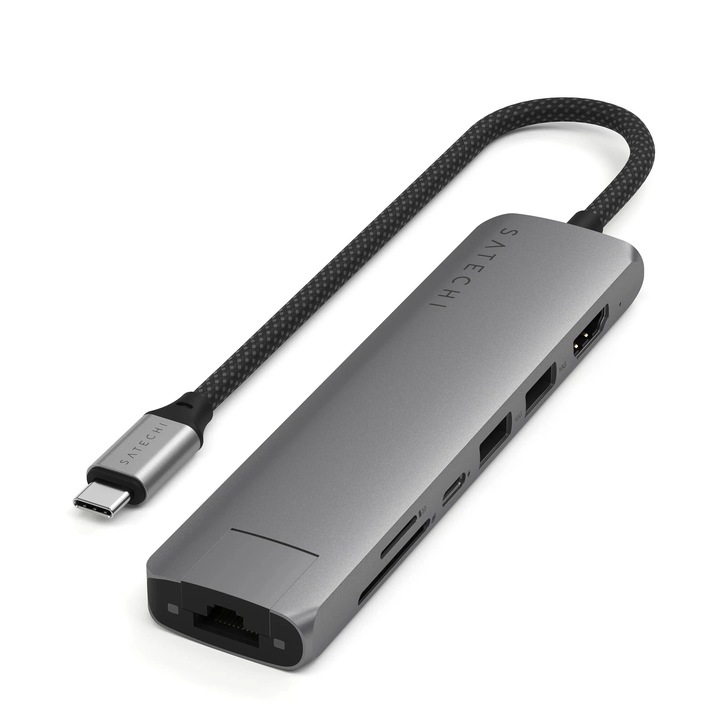USB хъб Multiport Slim Satechi ST-P7SM 7-in-1, USB-C PD 100 W, 2 x USB 3.2, USB Type-C, Card Reader, HDMI 4K, RJ-45 Ethernet Gigabit, Сив