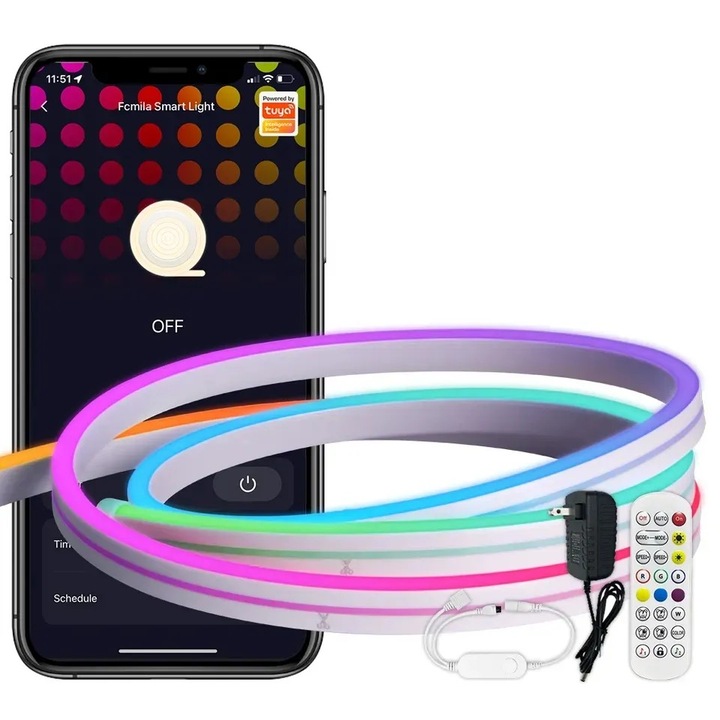 Banda LED Neon RGB inteligenta Tuya, Wi-Fi, sincronizare muzica, IP67, compatibil Alexa/Google Assistant, 5m @SmartWIZ