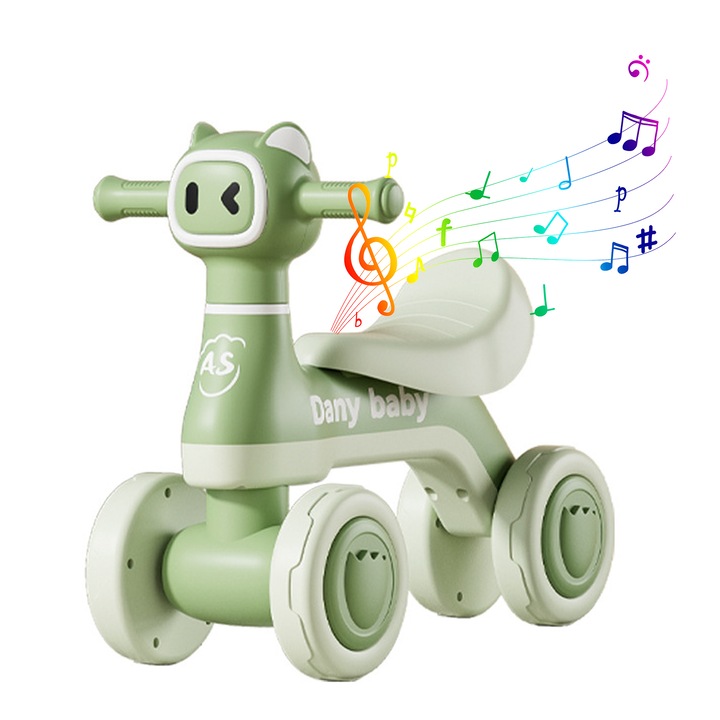 Bicicleta fara pedale, MOROVAN, Bicicleta de echilibru cu muzica si lumini, 4 roti, material PP, structura stabila,12 - 36 Luni, pentru interior / exterior, Verde