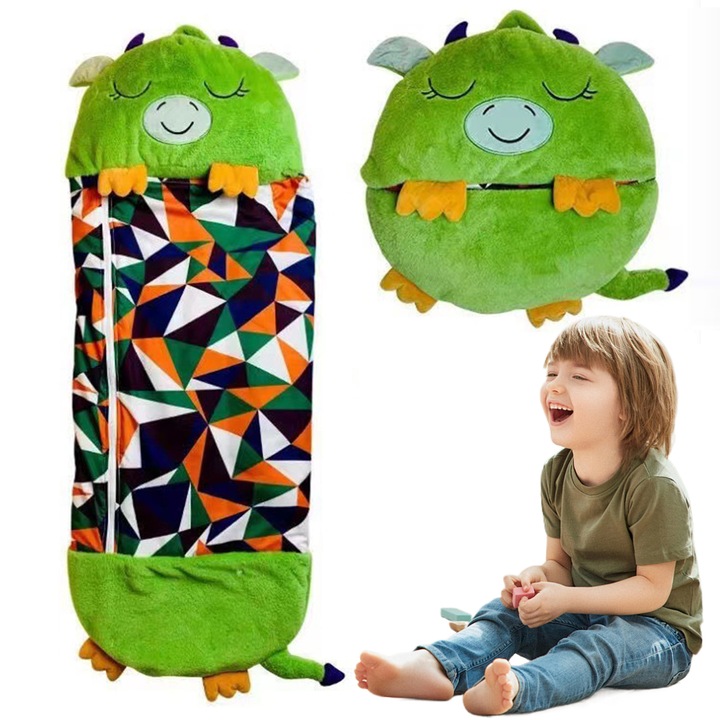 Sac de dormit pentru copii 2 in 1, material plus, dragon verde, portabil si pliabil, 3-8 ani, 160x60 cm, multicolor