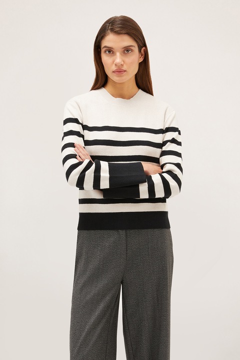 Motivi, Pulover cu dungi si decolteu rotund, Alb/Negru, L