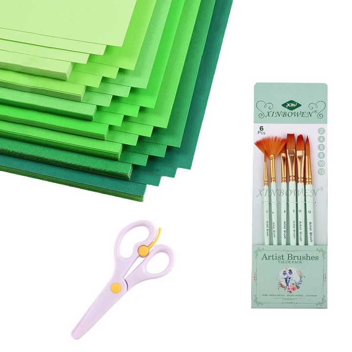 Set de hartie de desen A4, 35 foi, culori gradient, 1 pereche de foarfece pentru copii, 6 pensule acuarela, 230g, 210x297mm