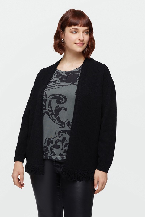 Fiorella Rubino, Cardigan cu terminatie cu franjuri, Negru, M-L