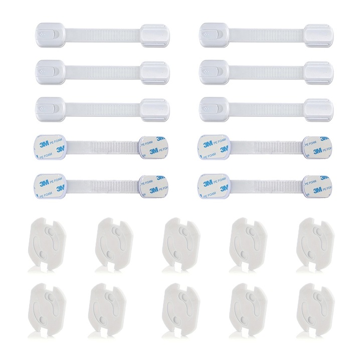 Set de protectie pentru copii, 20 piese, dispozitive de siguranta pentru prize si incuietori, adeziv 3M, alb