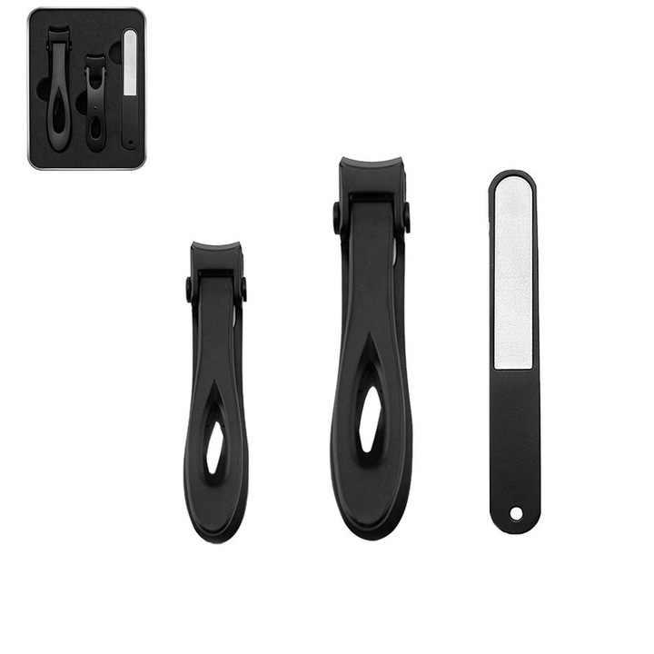 Комплект нокторезачки от неръждаема стомана, 3 части, черни, за дебели нокти, с неплъзгаща се дръжка