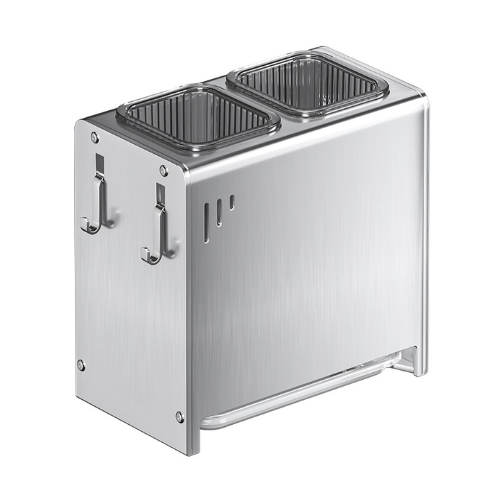 Suport pentru betisoare de masa, 2 compartimente, otel inoxidabil, instalare fara gauri, detasabil, montat pe perete, argintiu