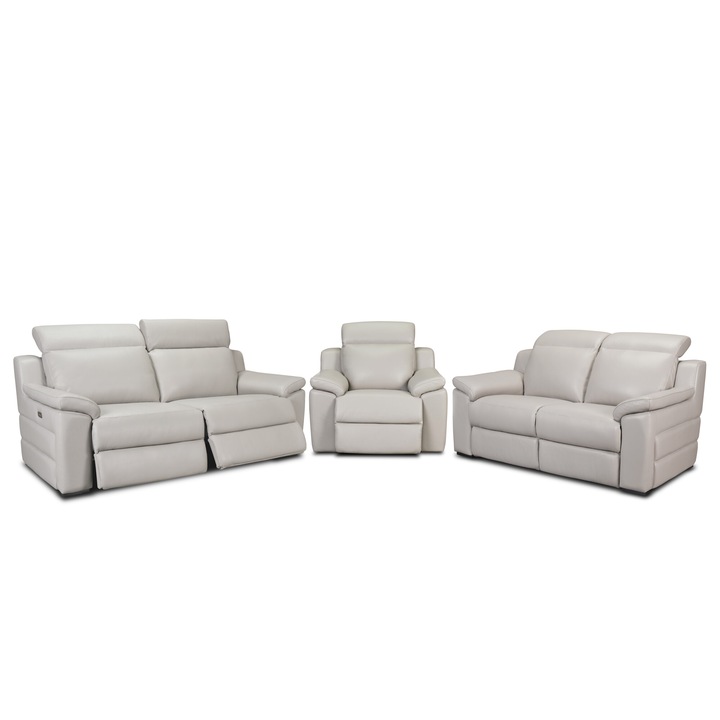 Set canapele VENTADOR, canapea 3 locuri cu 2 reclinere electrice, 196x10 cm, canapea 2 locuri fara reclinere, 176x100 cm si fotoliu cu recliner electric, Piele naturala Italiana CAT.4-3815, Gri