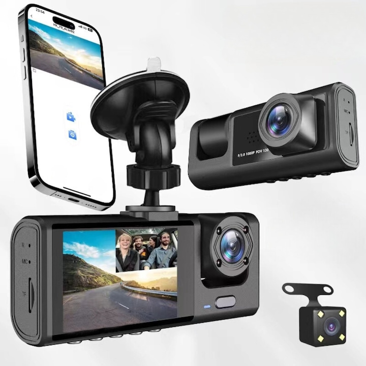 DVR за кола, 3 в 1, камера на таблото, интериор, заден ход, ултракомпактен, FULL HD 1080P, Wifi телефонна връзка, цикличен запис, G-сензор, широк ъгъл, интелигентни джаджи C&A
