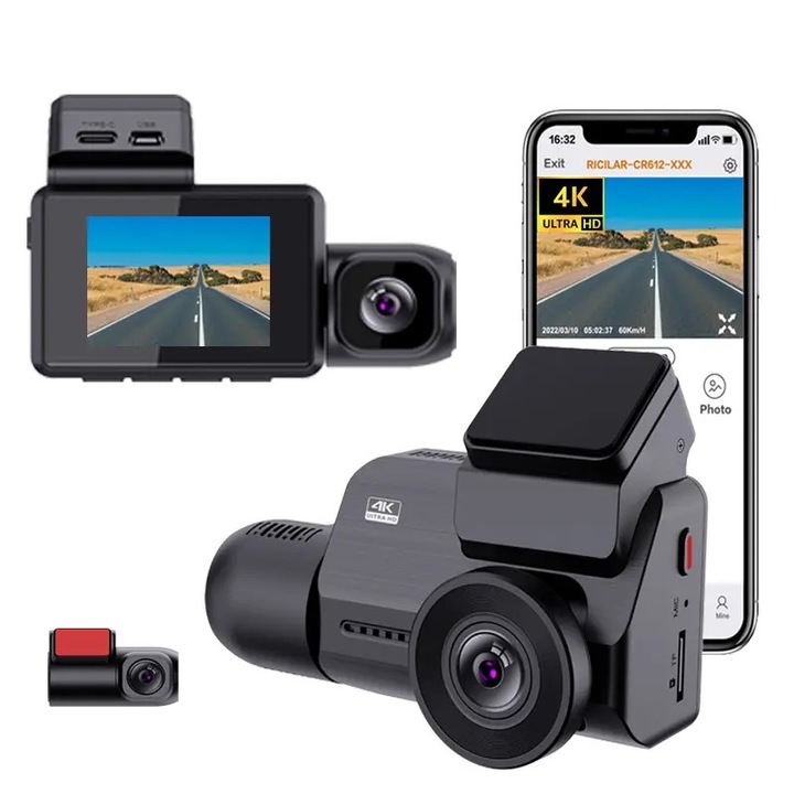 4K autós kamera LCD képernyővel + 2K hátsó kamera + 1080P belső kamera DVR WIFI, éjszakai látás, Sony IMX 335 érzékelő