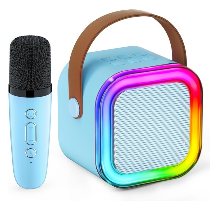 Kit karaoke smart, DSD®, Pentru copii si adulti, 1 microfoan wireless, 5 efecte vocale, Portabil, TF card, Aux, Albastru