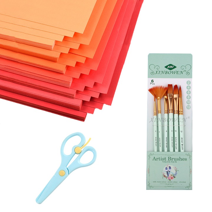 Set de hartie de desen A4, 35 foi rosii gradient, 1 pereche de foarfece pentru copii, 6 pensule acuarela, 230g, 210x297mm