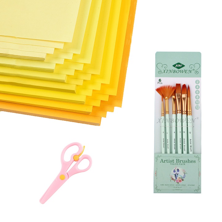 Set de hartie de desen A4, 35 foi galbene gradient, 1 pereche de foarfece pentru copii, 6 pensule acuarela, 230g, 210x297mm