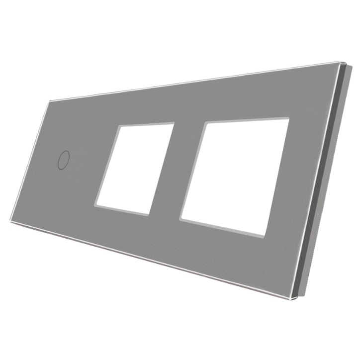 Panou Intrerupator Simplu cu Touch si 2 Prize Din Sticla LUXION Gri