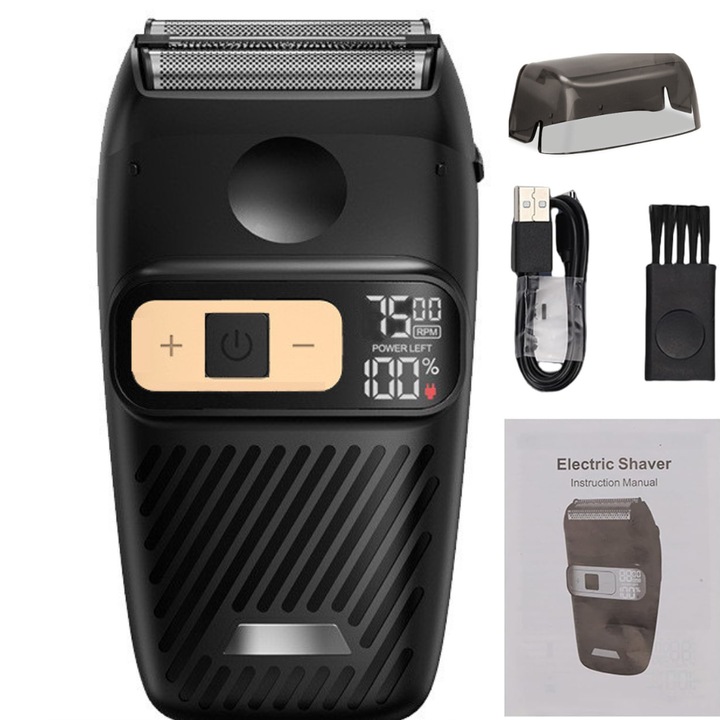 Електрическа самобръсначка PowerBlade AquaShave 3.0, 7500 RPM, акумулаторна батерия, 3 регулируеми скорости, водоустойчив, LCD дисплей, LED дисплей, супер бързо зареждане през USB, двойни ножчета, водоустойчив, мокро и сухо бръснене, черен