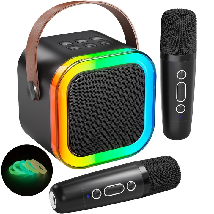 NortiaPRO 2 db karaoke mikrofont és hordozható hangszórót tartalmazó vezeték nélküli, HiFi sztereó hang, 5 hangeffektus, Bluetooth, USB, hangszóró led lámpákkal, AUX, TF/Micro SD kártya, MP3 lejátszó, 5 világító karkötő Mellékelve, fekete