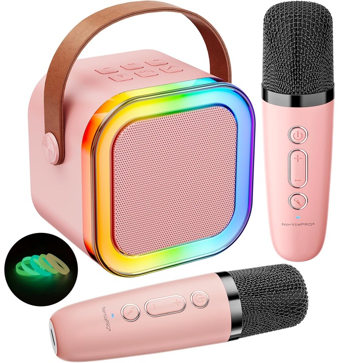 NortiaPRO, 2 db karaoke mikrofont és hordozható hangszórót tartalmazó vezeték nélküli, HiFi sztereó hang, 5 hangeffektus, Bluetooth, USB, hangszóró led lámpákkal, AUX, TF/Micro SD kártya, MP3 lejátszó, 5 világító karkötő Mellékelve, Pink