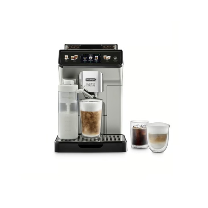 Espressor complet automat DeLonghi ECAM450.65.S argintiu, recipient pentru boabe de 300 g, rezervor de apa 1, 8 l, sistem de lapte, WiFi, control aplicatie