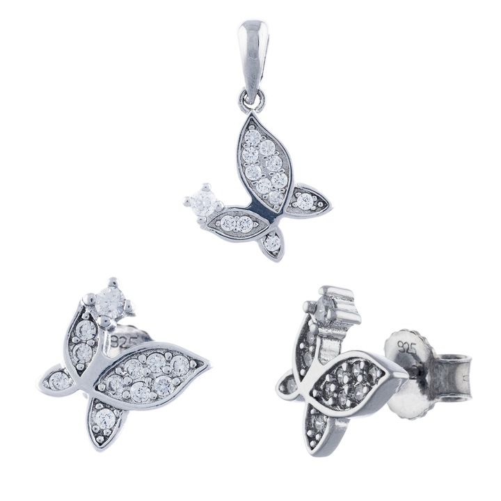 Set din argint 925 rodiat (cercei+pandantiv), Piatra: zirconia fatetata si cubic zirconia, Culoare: transparent, Sonis Silver