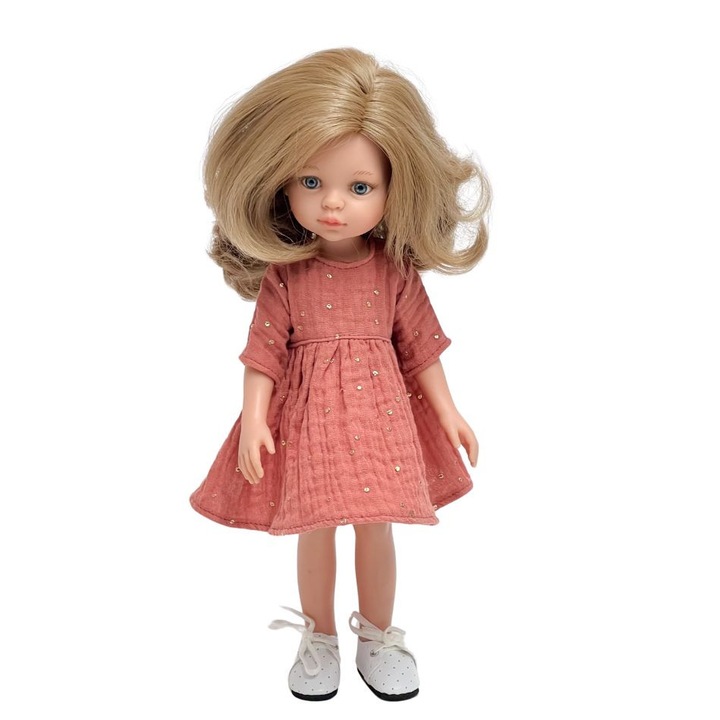 Rochie pentru papusi, 32cm, roz cu puncte aurii