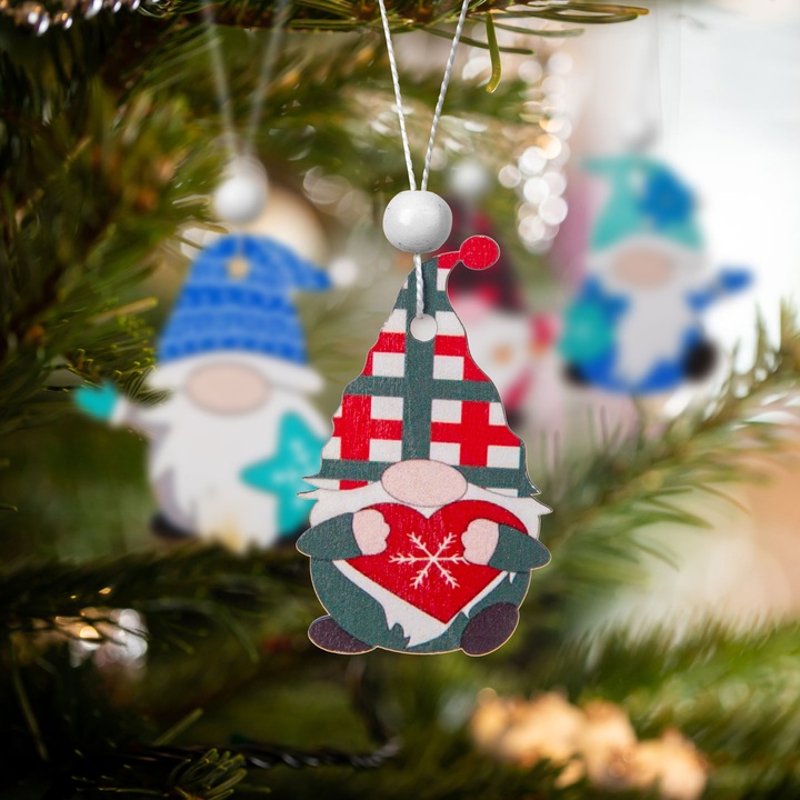 Set decoratiuni brad - pentru agatat, spiridusi din lemn - 4 tipuri - 12 buc/pachet