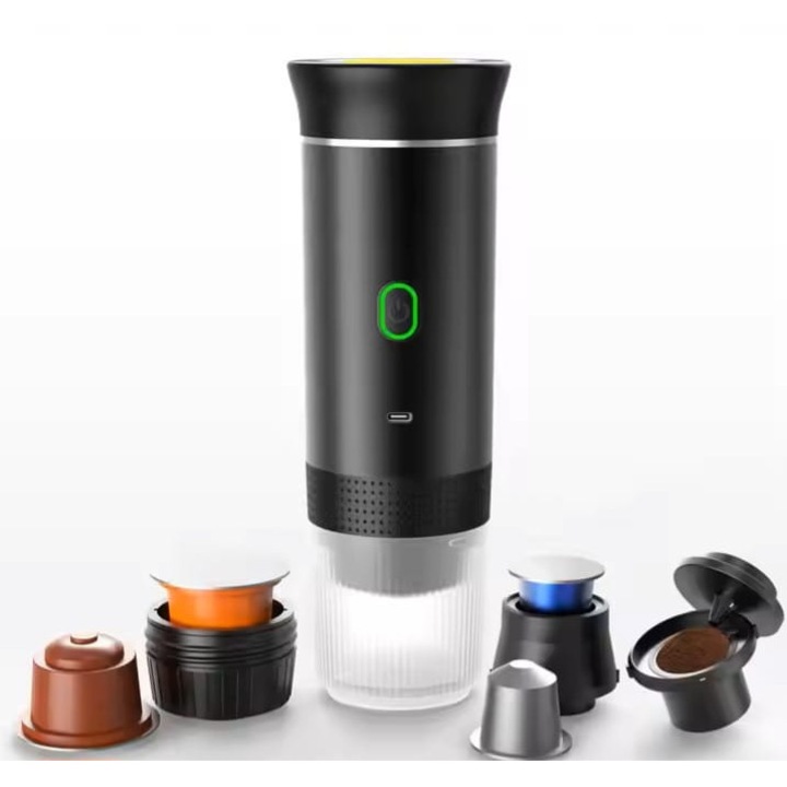 Espresso gép, kávéfőző, hordozható 3 az 1-ben, kávé bárhol, bármikor, kapszulákkal és őrölt kávéval kompatibilis, átlós, vízmelegítő vagy hideg kávé üzemmód, 72 W teljesítmény, akkumulátor, fekete