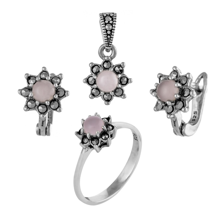 Set din argint 925 ( cercei + pandantiv + inel ), Piatra : quart roz si marcasite, Culoare: roz