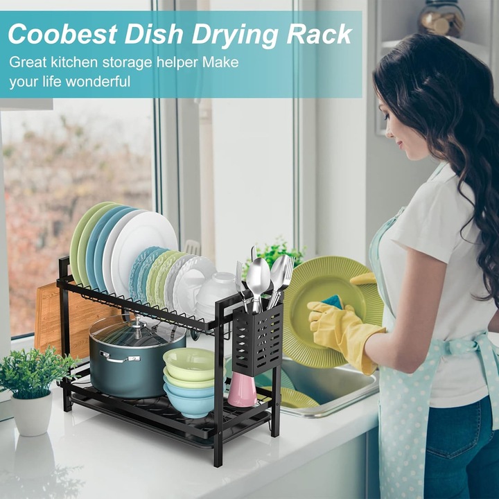 Scurgator de Vase, doua niveluri, cu Suport Tacamuri, suport pentru tablite de tocat, Inox, 44x24x34cm, Negru